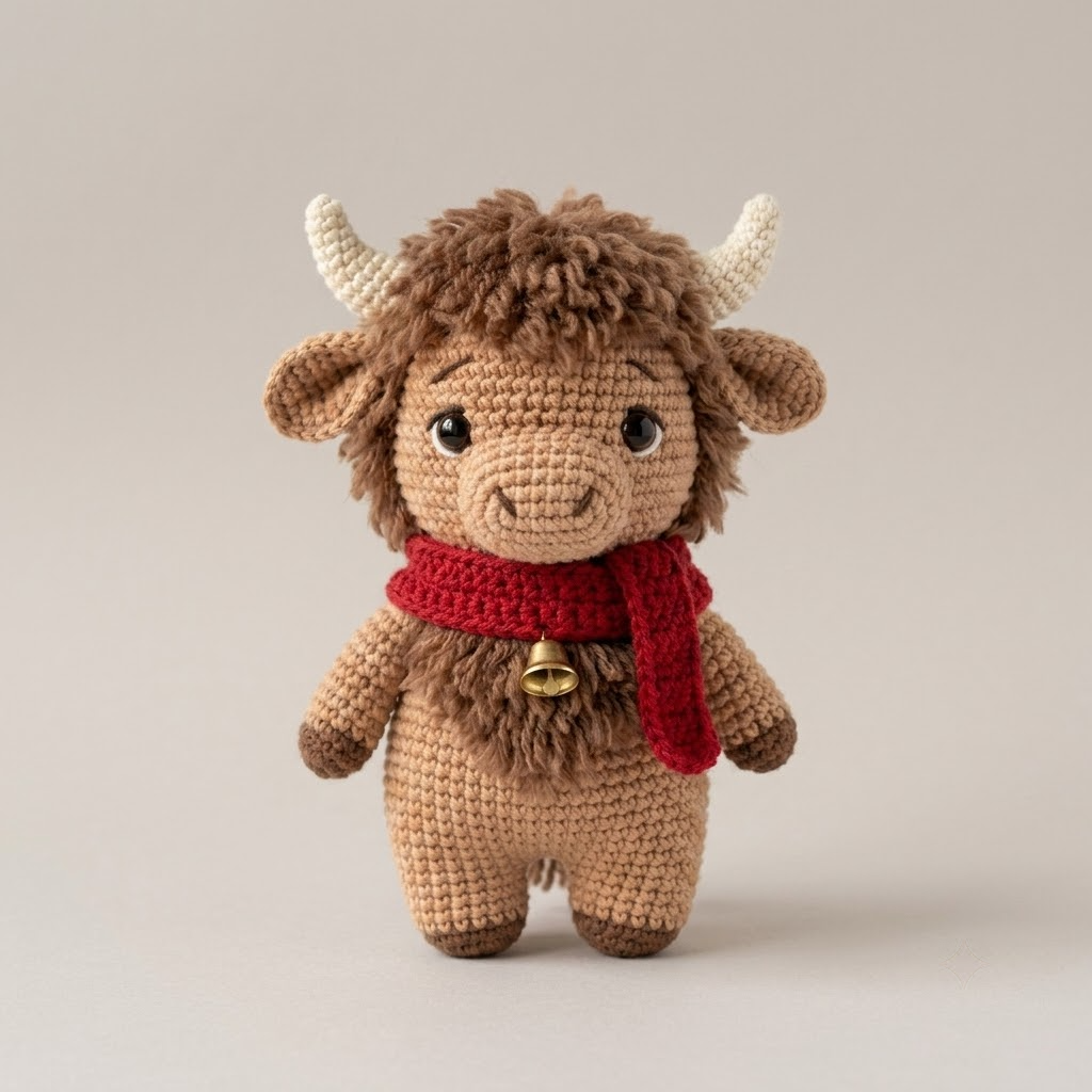 Christmas Yak Crochet Doll, Handmade Amigurumi Plush With Red Scarf