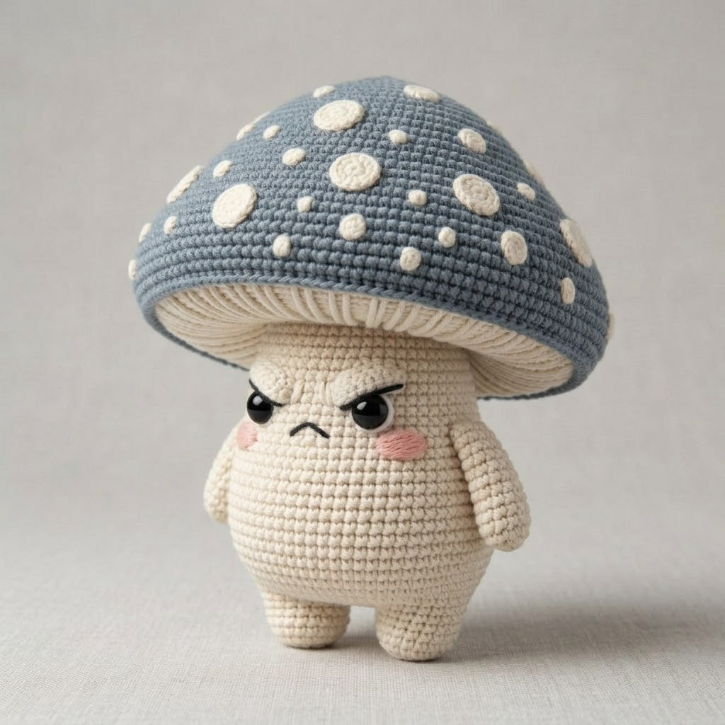 Handmade Grumpy Mushroom Crochet Plush Toy, Cottagecore Amigurumi