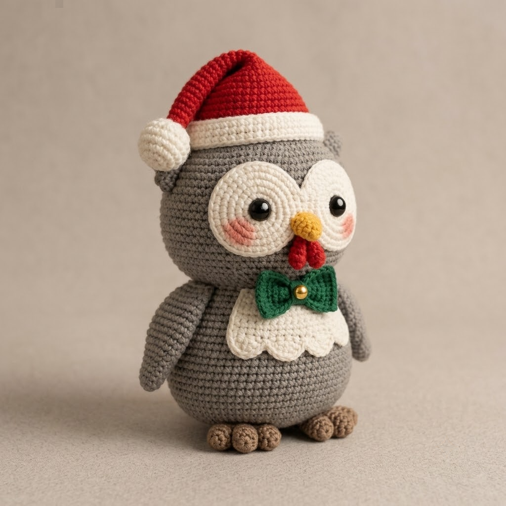 Christmas Owl Crochet Doll With Santa Hat, Green Bow Tie, Rosy Cheeks