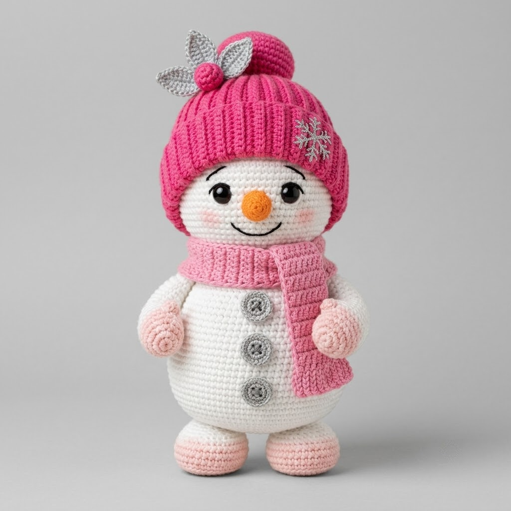Adorable Pink Snowman Crochet Plush, Handmade Holiday Gift