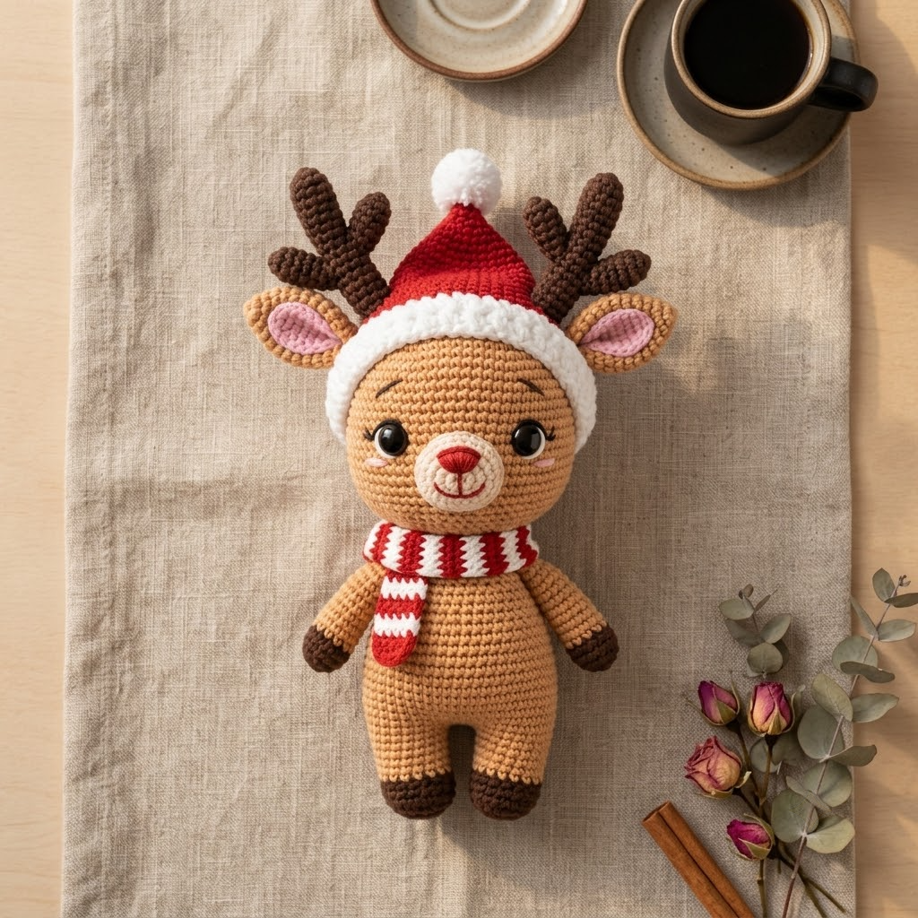 Charming Crochet Reindeer Doll, Christmas Amigurumi Plush With Santa Hat