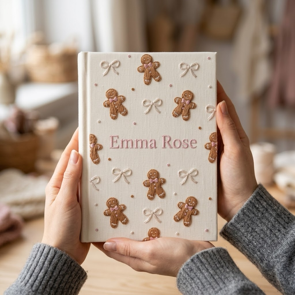 Embroidered Baby Album, Personalized Keepsake Book For Girls, Gingerbread Bow Nursery Gift