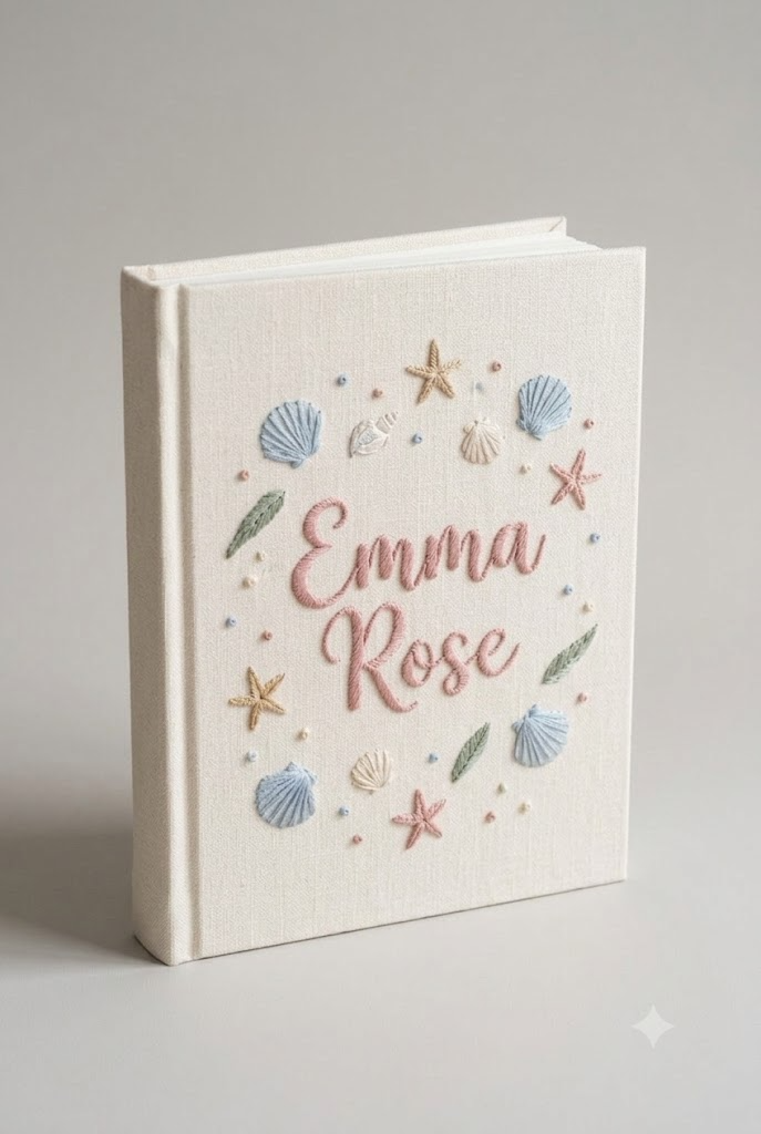 Embroidered Baby Album, Personalized Seashell Starfish Book, Coastal Nursery Keepsake Gift