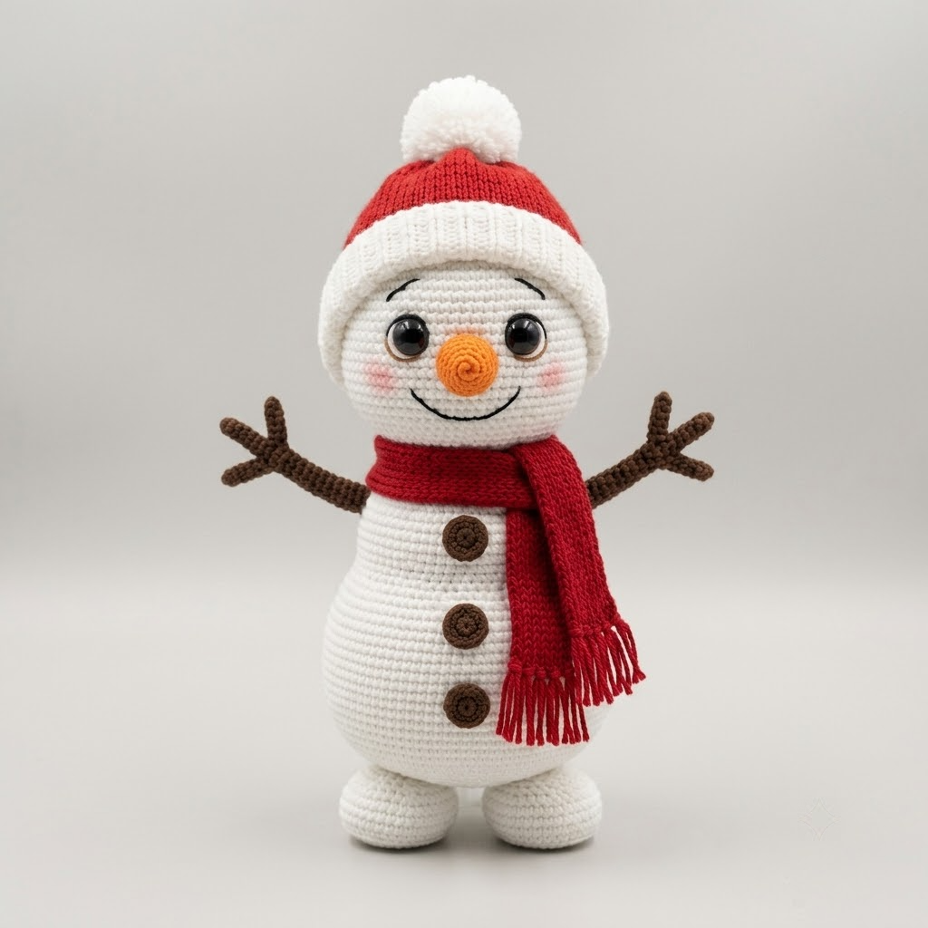 Cute Snowman Crochet Doll, Christmas Amigurumi Plush With Red Hat, Scarf