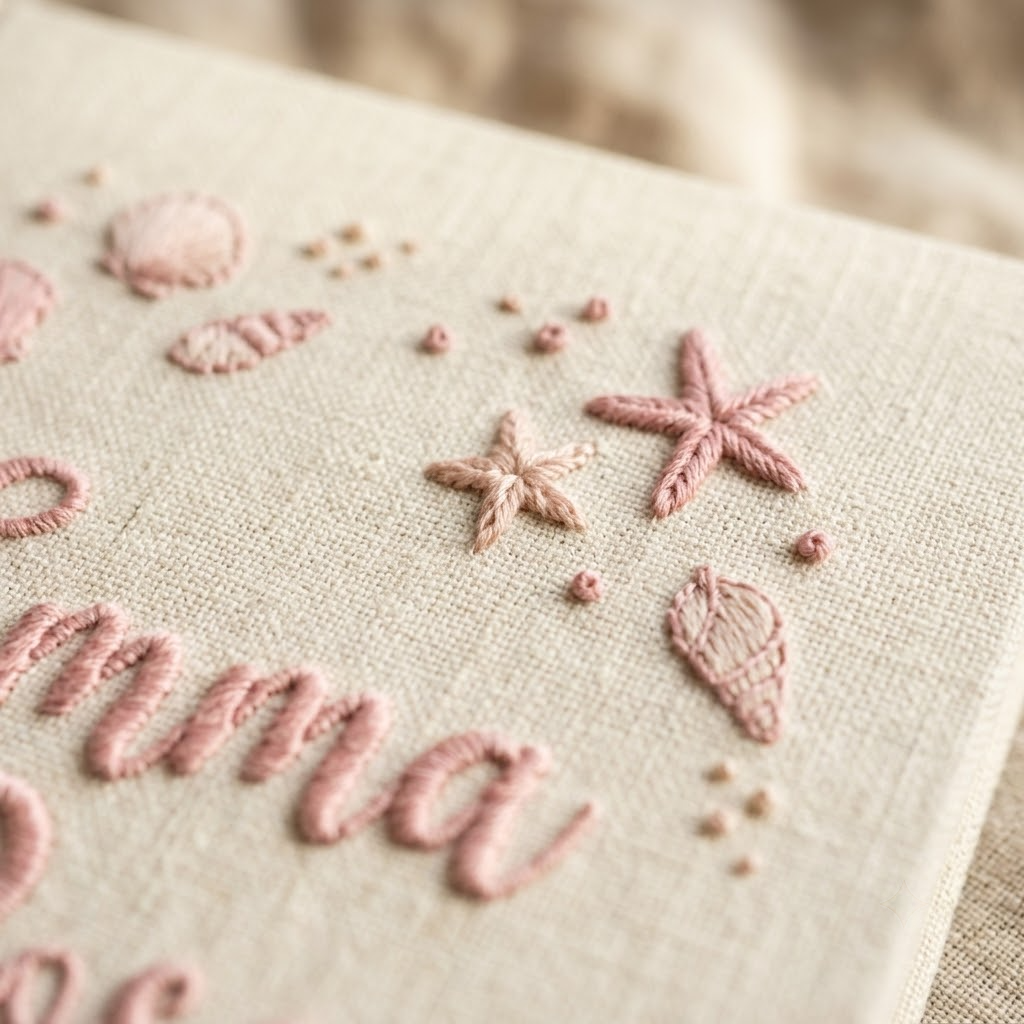 Baby Photo Album, Embroidered Seashell Starfish Ocean Nursery Soft Pink