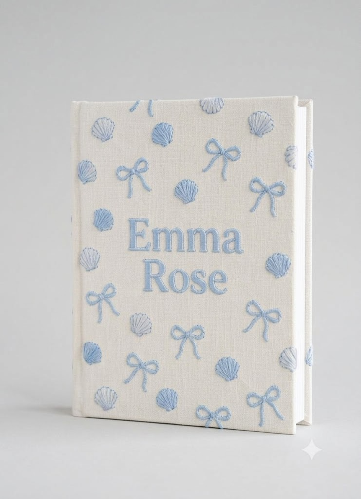 Sweet Embroidered Baby Album, Seashell Bow Nursery Decor, Personalized Girl Keepsake