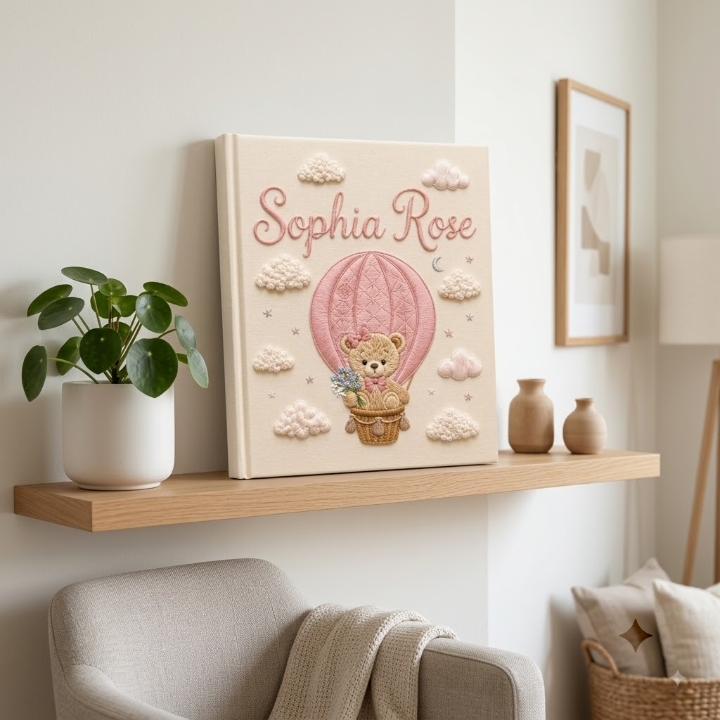 Personalized Baby Photo Album, Embroidered Teddy Bear Hot Air Balloon Memory Book