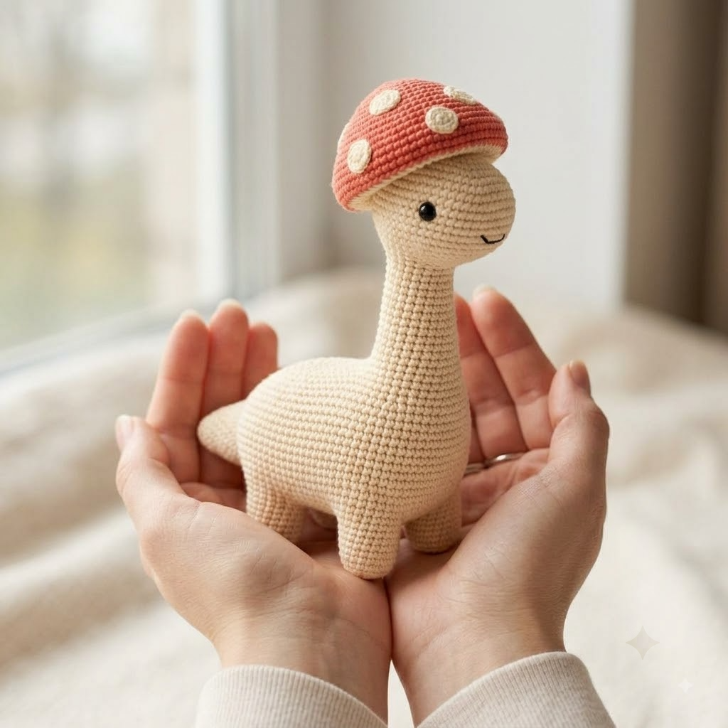 Handmade Long Neck Dinosaur Mushroom Hat Crochet Plush, Cottagecore Decor