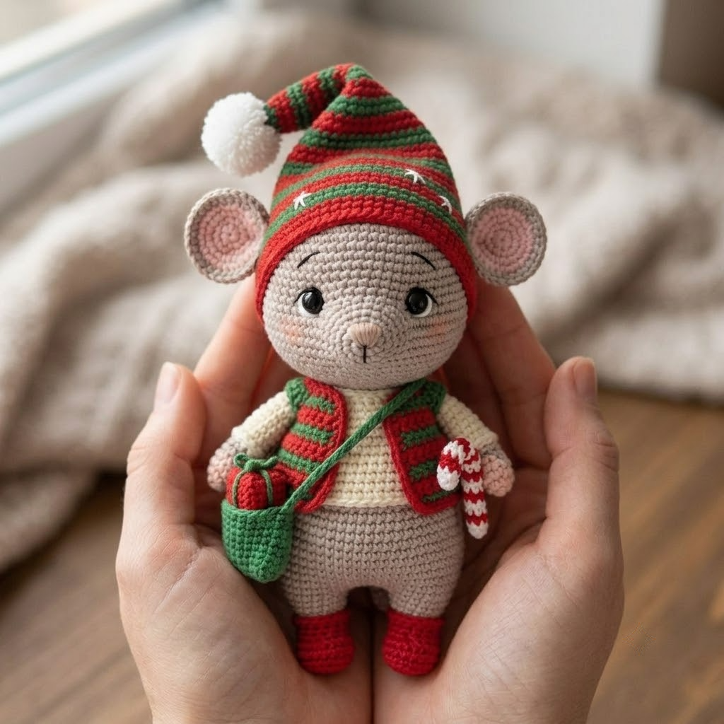 Cute Crochet Mouse Doll, Christmas Holiday Helper Plush Gift