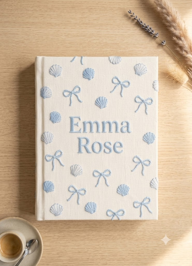 Sweet Embroidered Baby Album, Seashell Bow Nursery Decor, Personalized Girl Keepsake