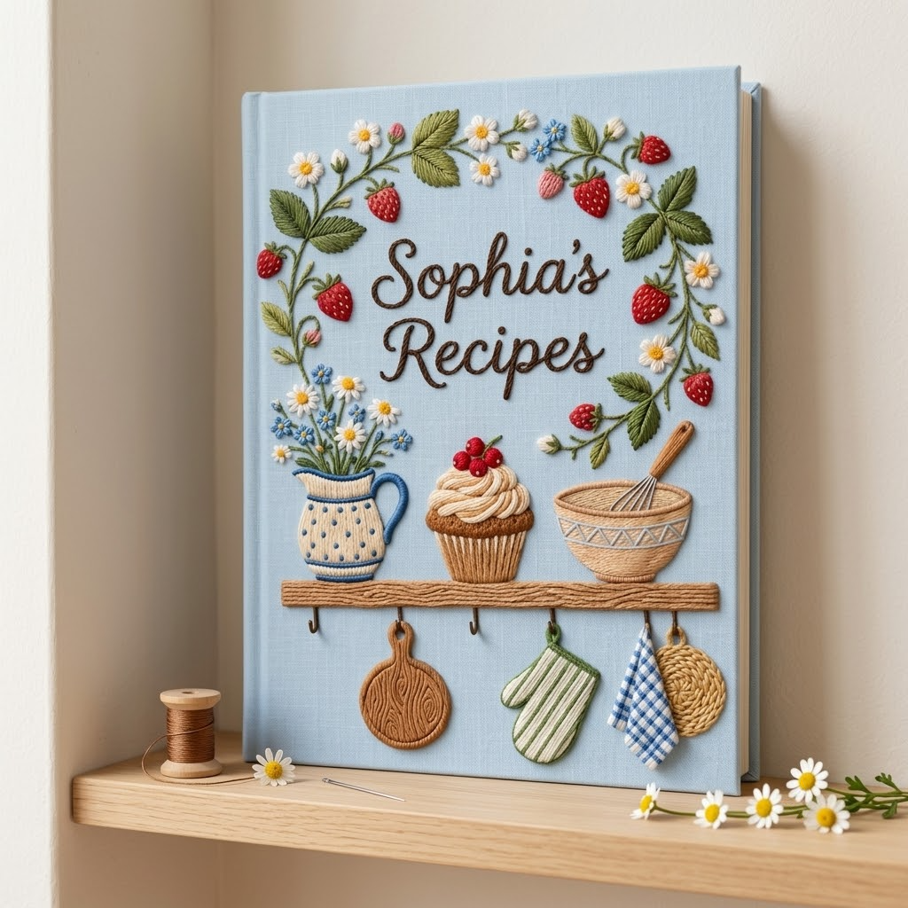 Personalized Embroidered Journal, Custom Recipe Book, Floral Cottagecore Cookbook