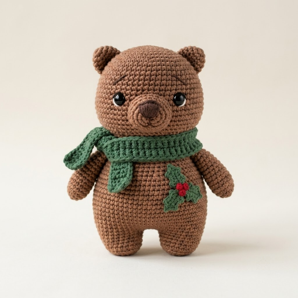 Christmas Wombat Crochet Doll, Amigurumi Plush With Green Scarf, Holly Patch, Holiday Gift