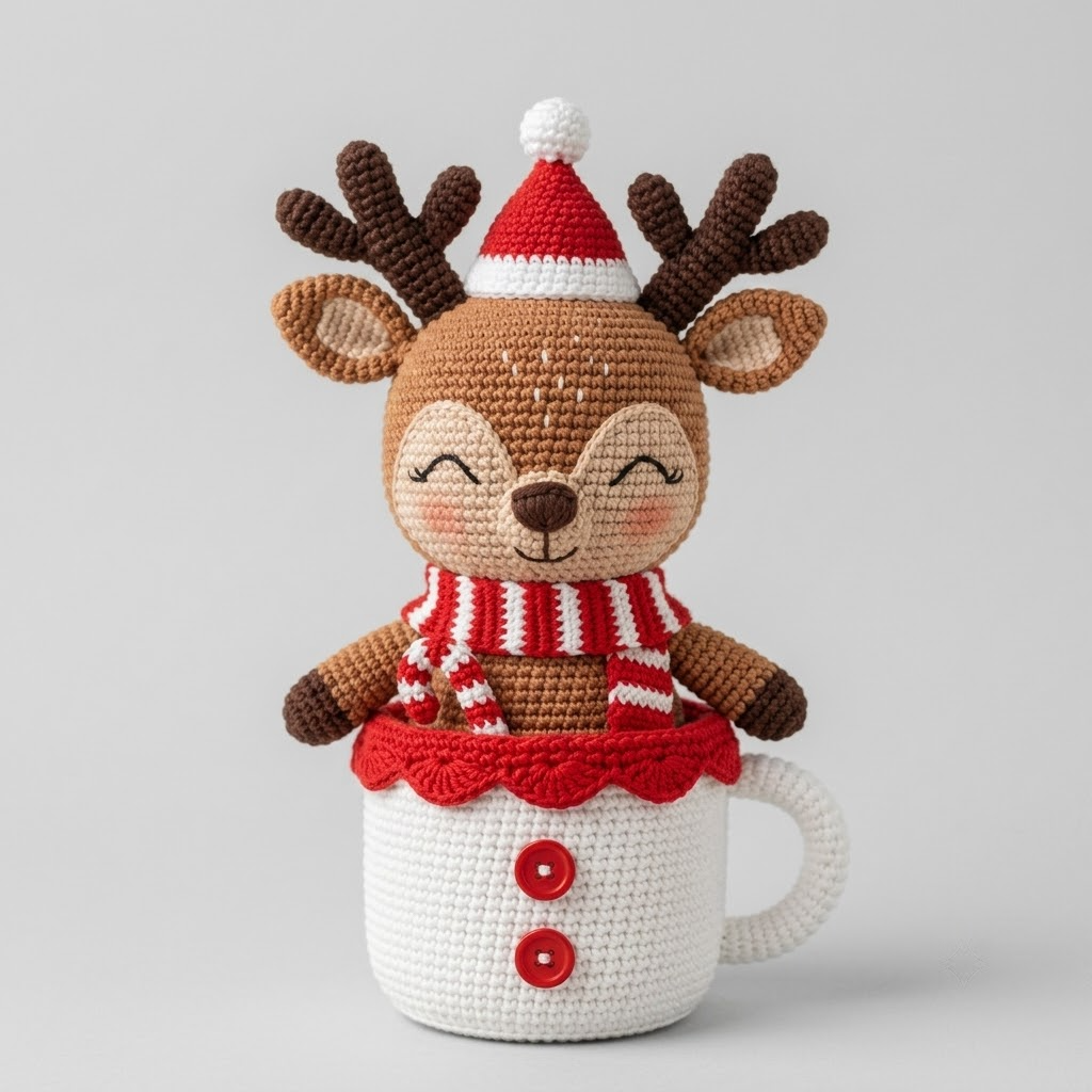 Christmas Reindeer Crochet Doll In Mug, Santa Hat & Candy Cane Scarf