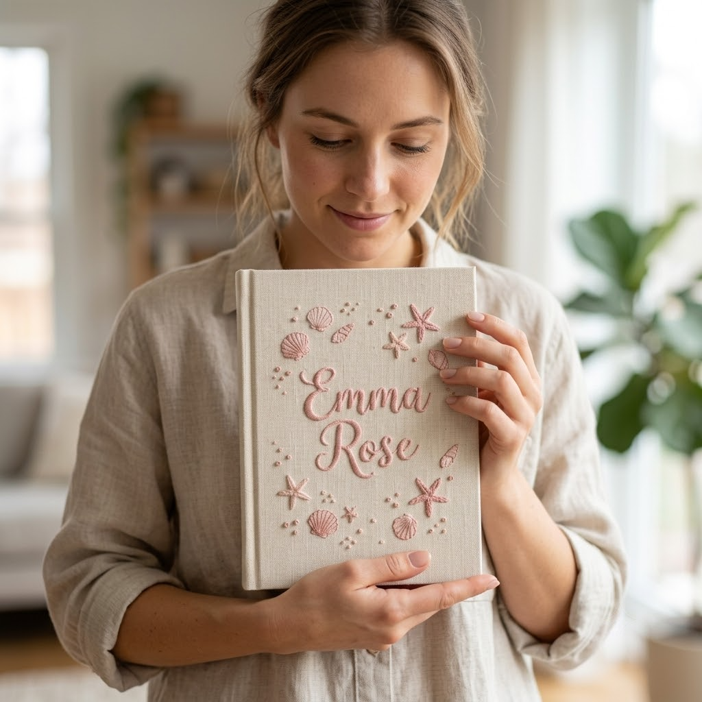 Baby Photo Album, Embroidered Seashell Starfish Ocean Nursery Soft Pink