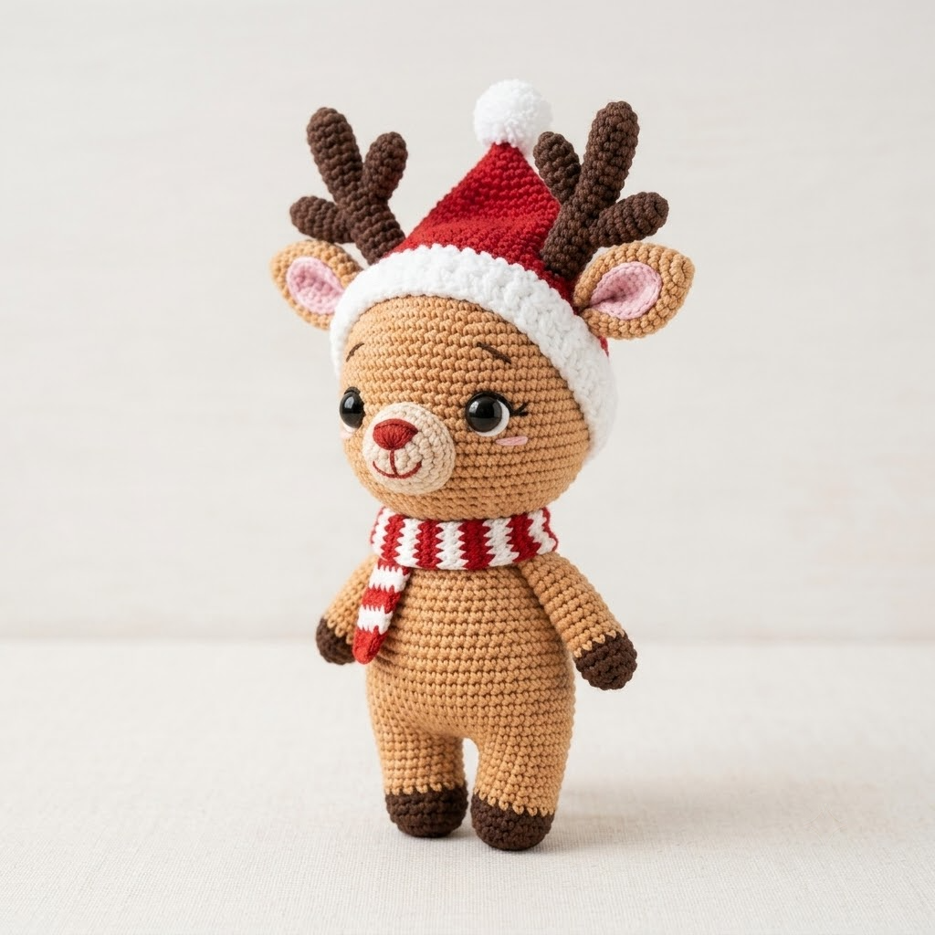 Charming Crochet Reindeer Doll, Christmas Amigurumi Plush With Santa Hat