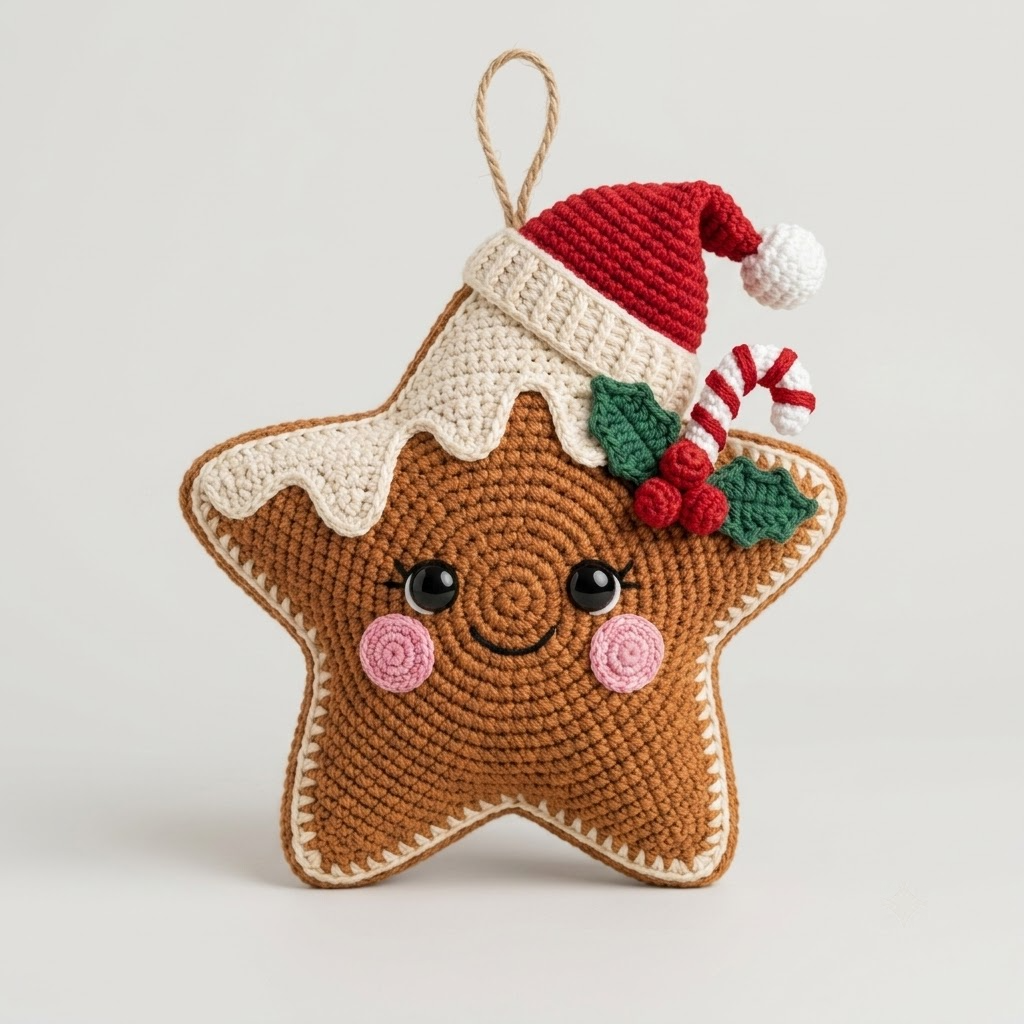 Cute Gingerbread Star Crochet Ornament, Kawaii Christmas Decor & Holiday Plush