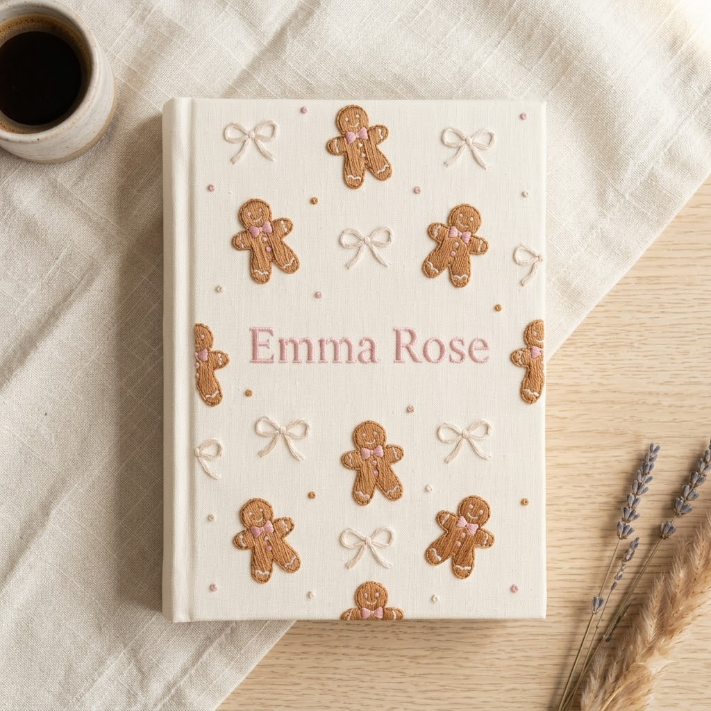 Embroidered Baby Album, Personalized Keepsake Book For Girls, Gingerbread Bow Nursery Gift