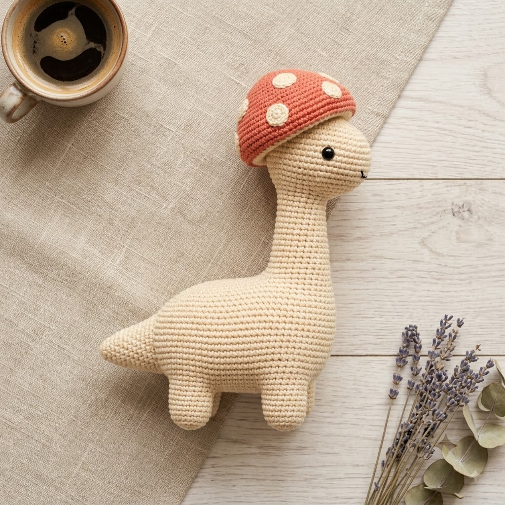 Handmade Long Neck Dinosaur Mushroom Hat Crochet Plush, Cottagecore Decor