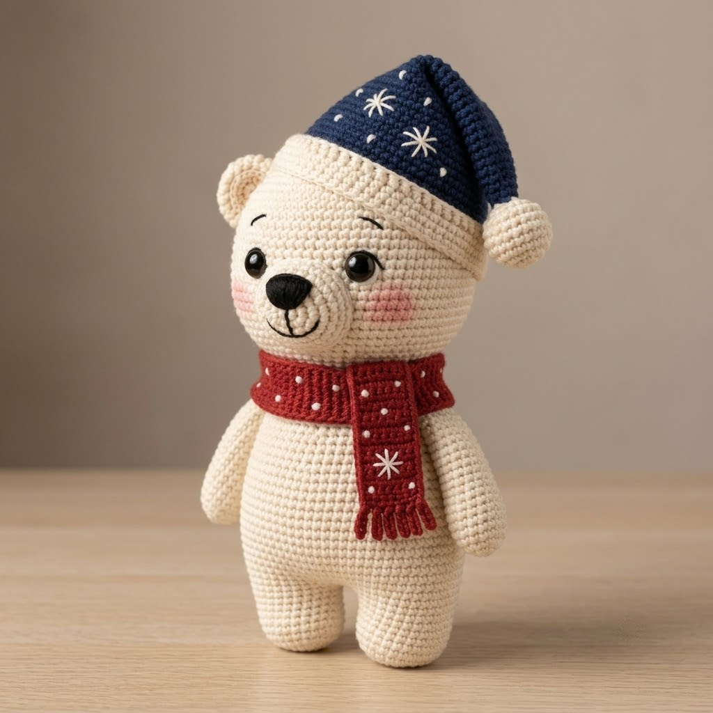 Charming Crochet Christmas Polar Bear Ornament, White Plush With Navy Hat & Red Scarf