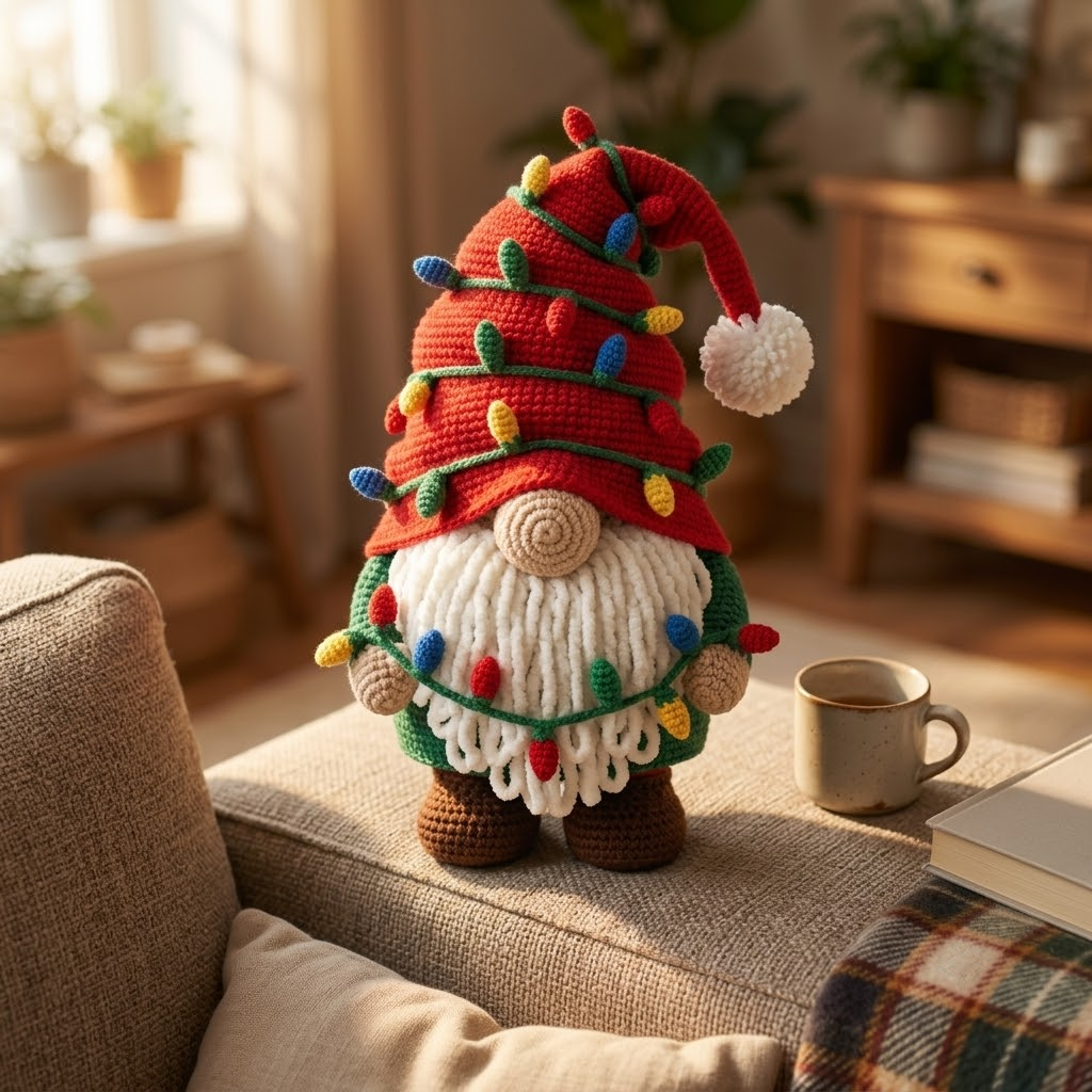 Gnome Crochet Plush, Red Floppy Hat & Colorful Lights