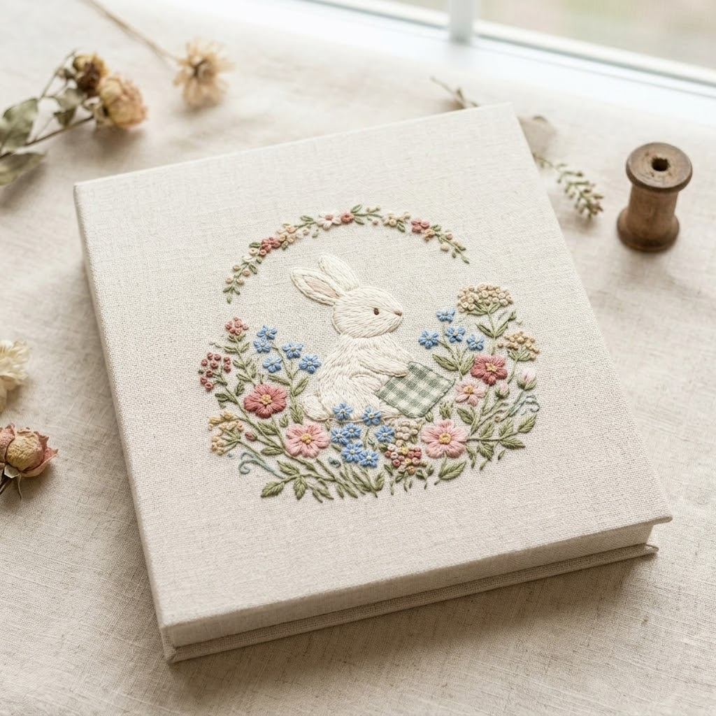 Simple Line Embroidered Linen Photo Album 2 3 Vertical Ratio Bunny Flowers