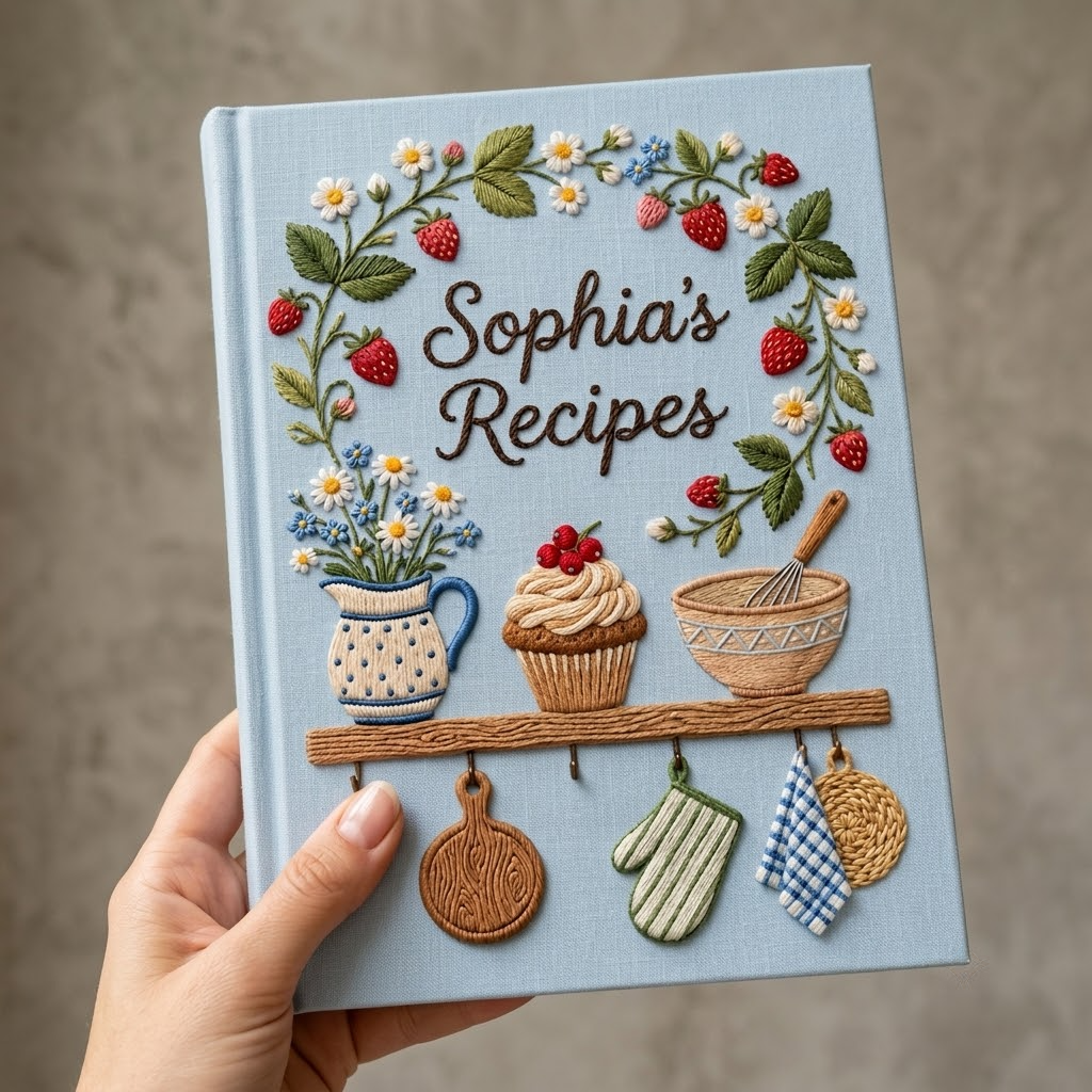 Personalized Embroidered Journal, Custom Recipe Book, Floral Cottagecore Cookbook