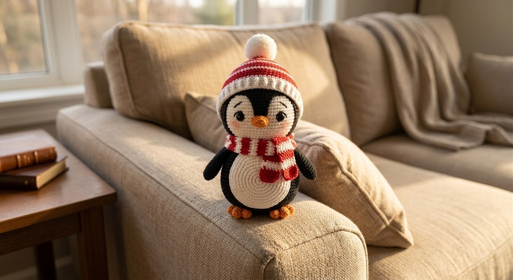 Crochet Penguin Doll, Winter Christmas Plush, Cute Amigurumi Holiday Decor