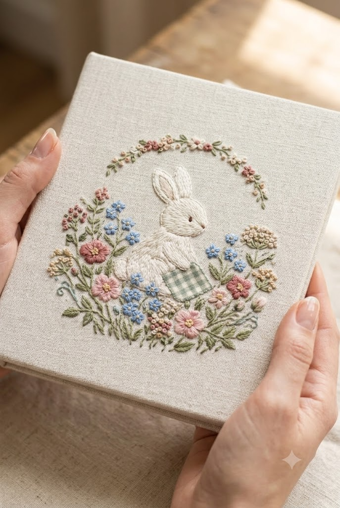 Simple Line Embroidered Linen Photo Album 2 3 Vertical Ratio Bunny Flowers