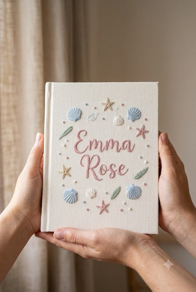 Embroidered Baby Album, Personalized Seashell Starfish Book, Coastal Nursery Keepsake Gift