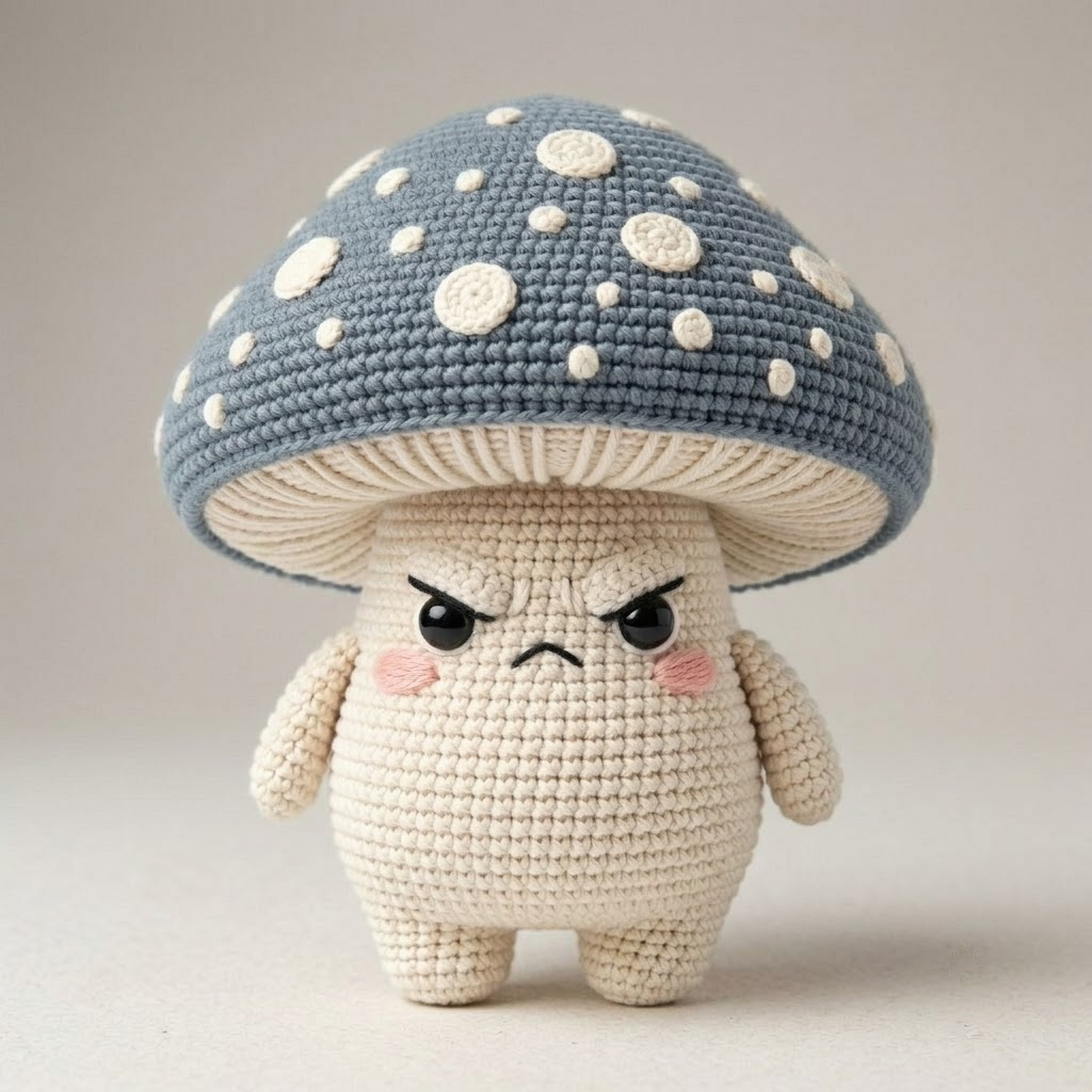 Handmade Grumpy Mushroom Crochet Plush Toy, Cottagecore Amigurumi