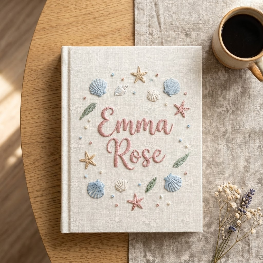 Embroidered Baby Album, Personalized Seashell Starfish Book, Coastal Nursery Keepsake Gift