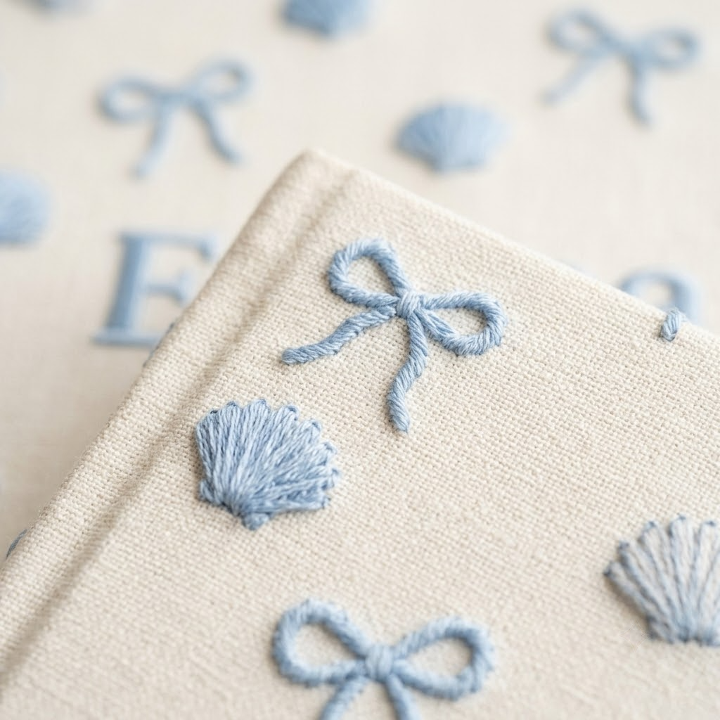 Sweet Embroidered Baby Album, Seashell Bow Nursery Decor, Personalized Girl Keepsake