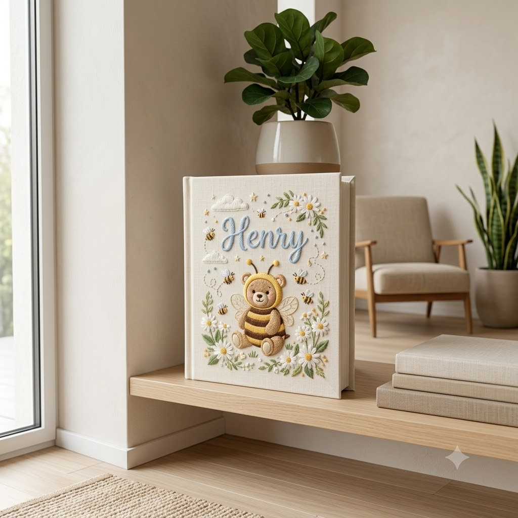 Baby Photo Album Embroidered Album Bear Bee Design Nursery Keepsake