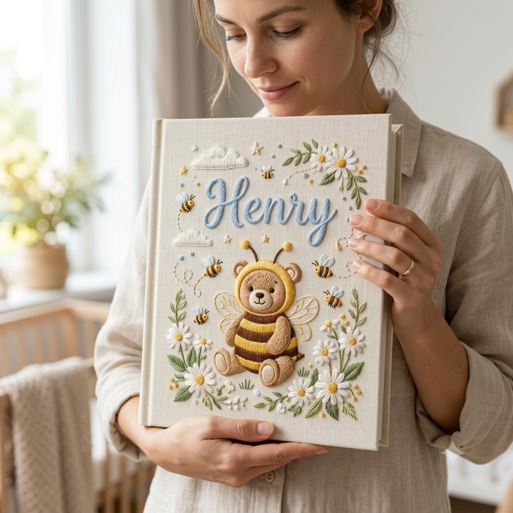 Baby Photo Album Embroidered Album Bear Bee Design Nursery Keepsake
