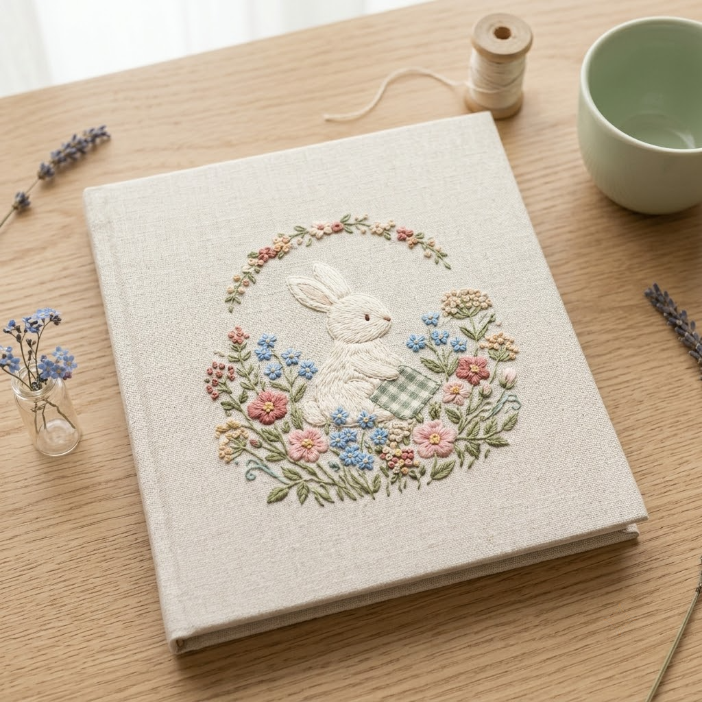 Simple Line Embroidered Linen Photo Album 2 3 Vertical Ratio Bunny Flowers