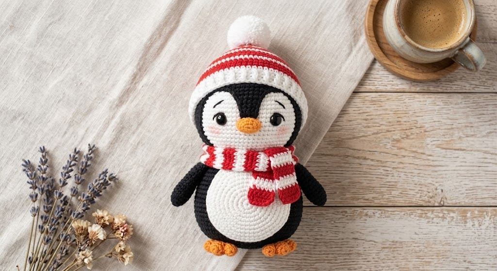 Crochet Penguin Doll, Winter Christmas Plush, Cute Amigurumi Holiday Decor