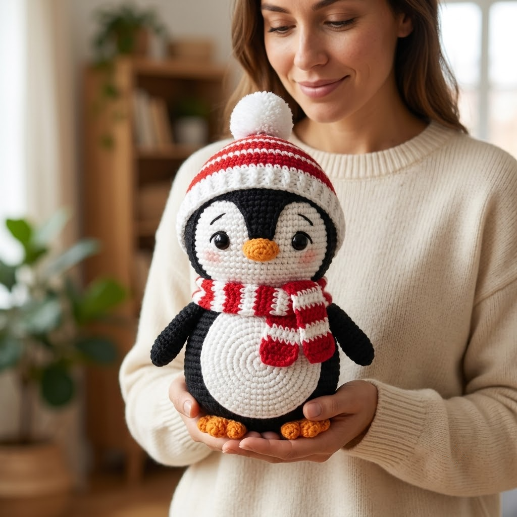 Crochet Penguin Doll, Winter Christmas Plush, Cute Amigurumi Holiday Decor