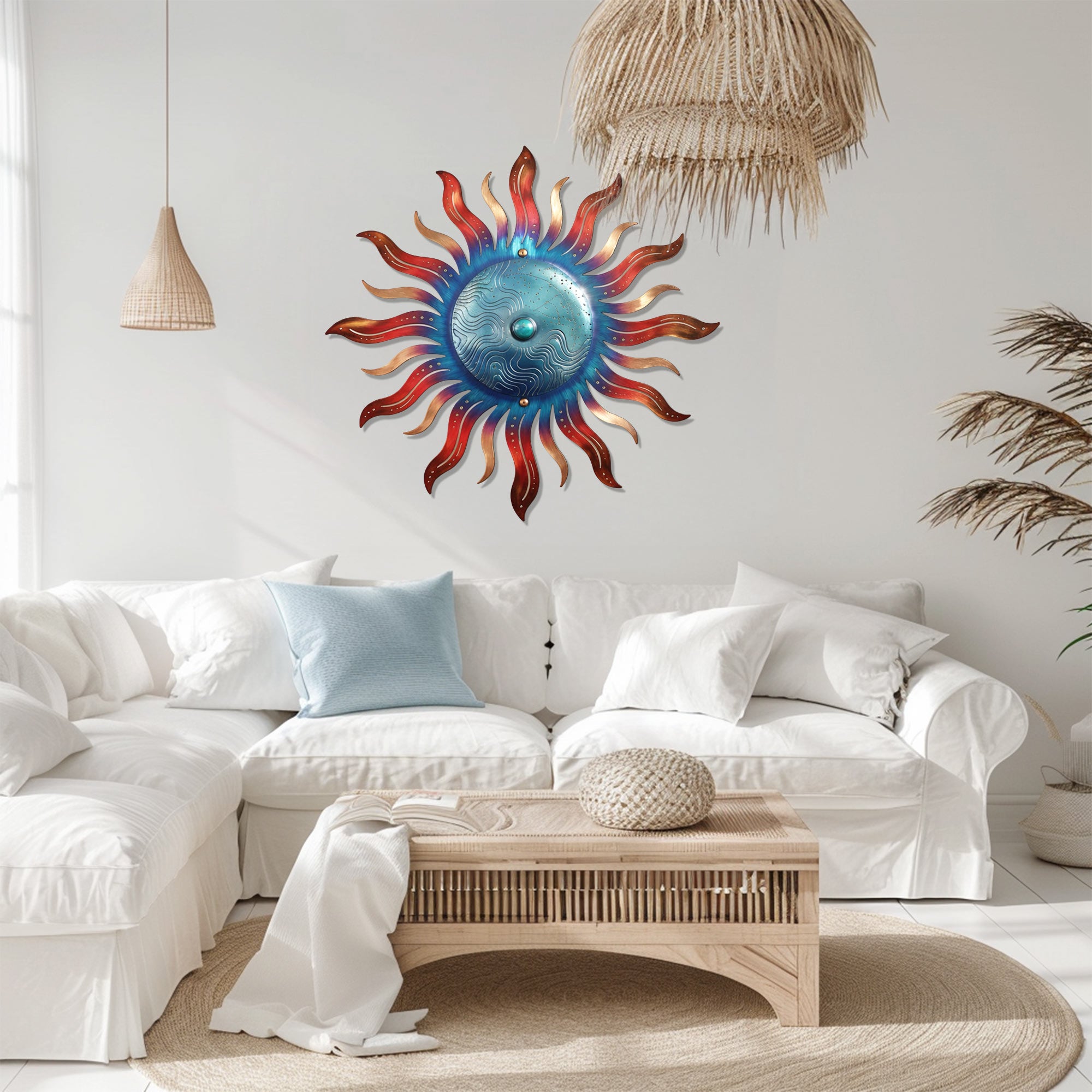 Blue Sun Wall Art – Coastal Boho Aluminum Metal Decor for Indoor &amp; Outdoor Home Spaces