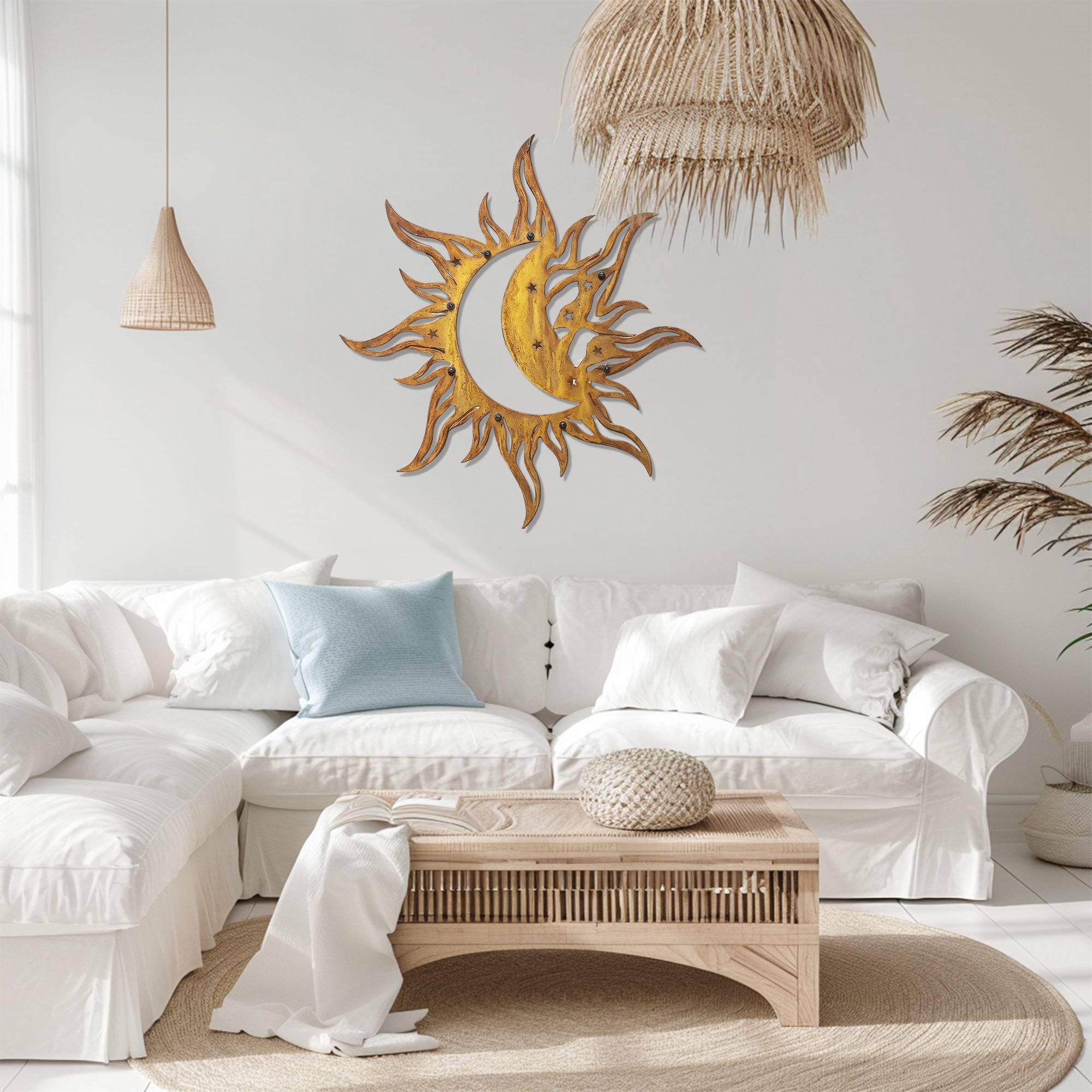 Sun Moon Wall Art – Celestial Boho Aluminum Metal Decor for Indoor &amp; Outdoor Home Spaces