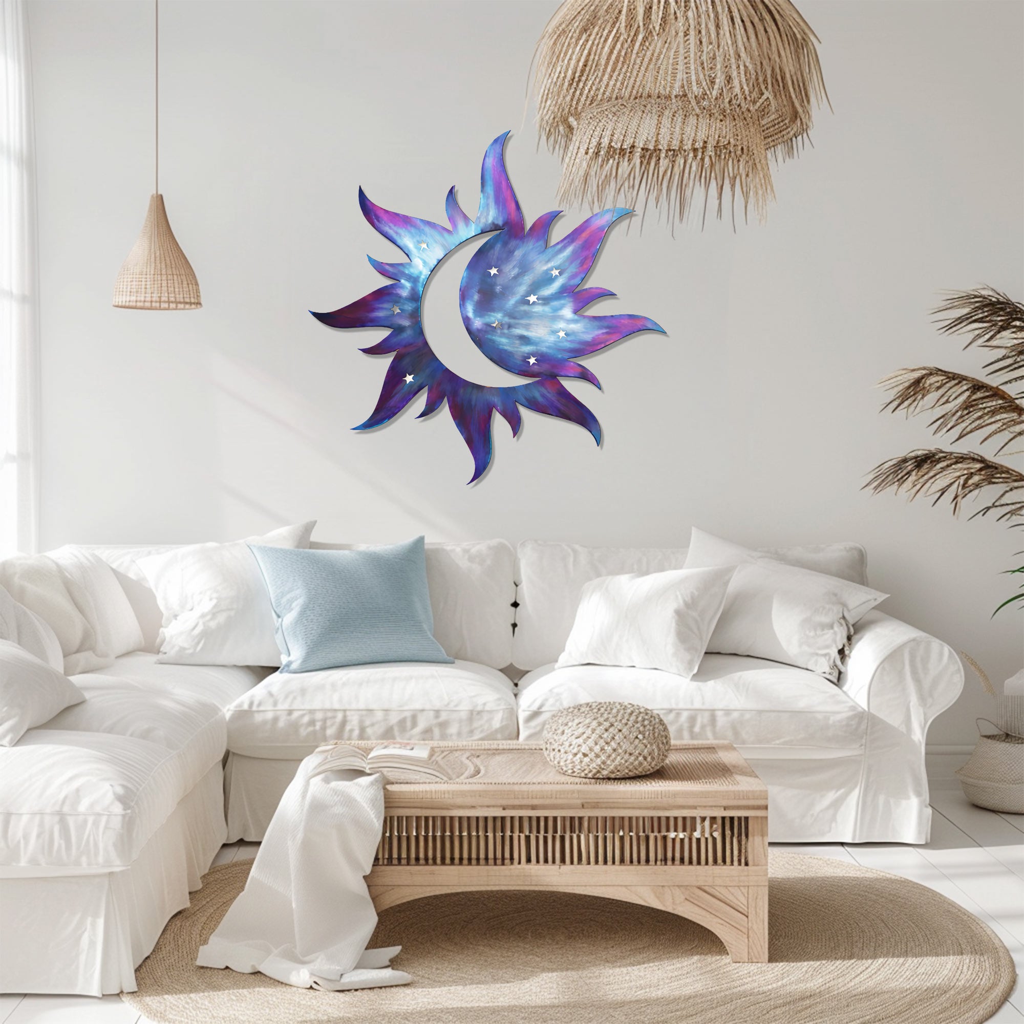 Celestial Sun Moon Wall Art – Galaxy Style UV Printed Metal Decor for Bedroom &amp; Living Room