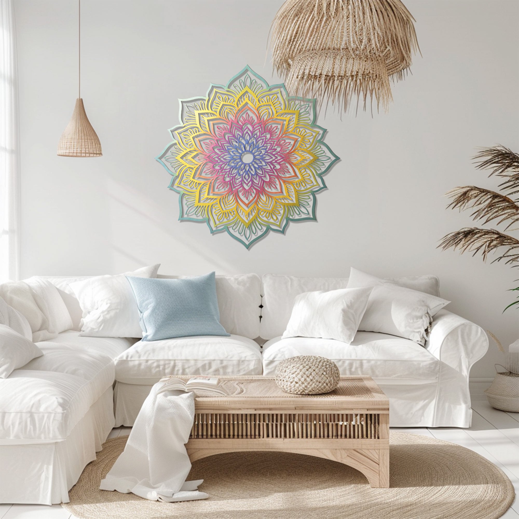 Mandala Flower Wall Art – Boho Rainbow Style UV Printed Metal Decor for Living Room &amp; Meditation Space