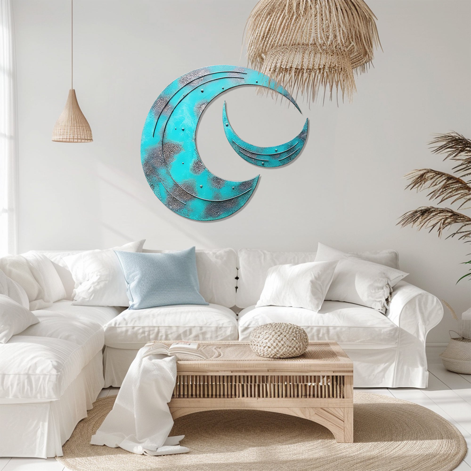 Crescent Moon Wall Art – Rustic Patina Style UV Printed Metal Decor for Bedroom &amp; Outdoor Garden