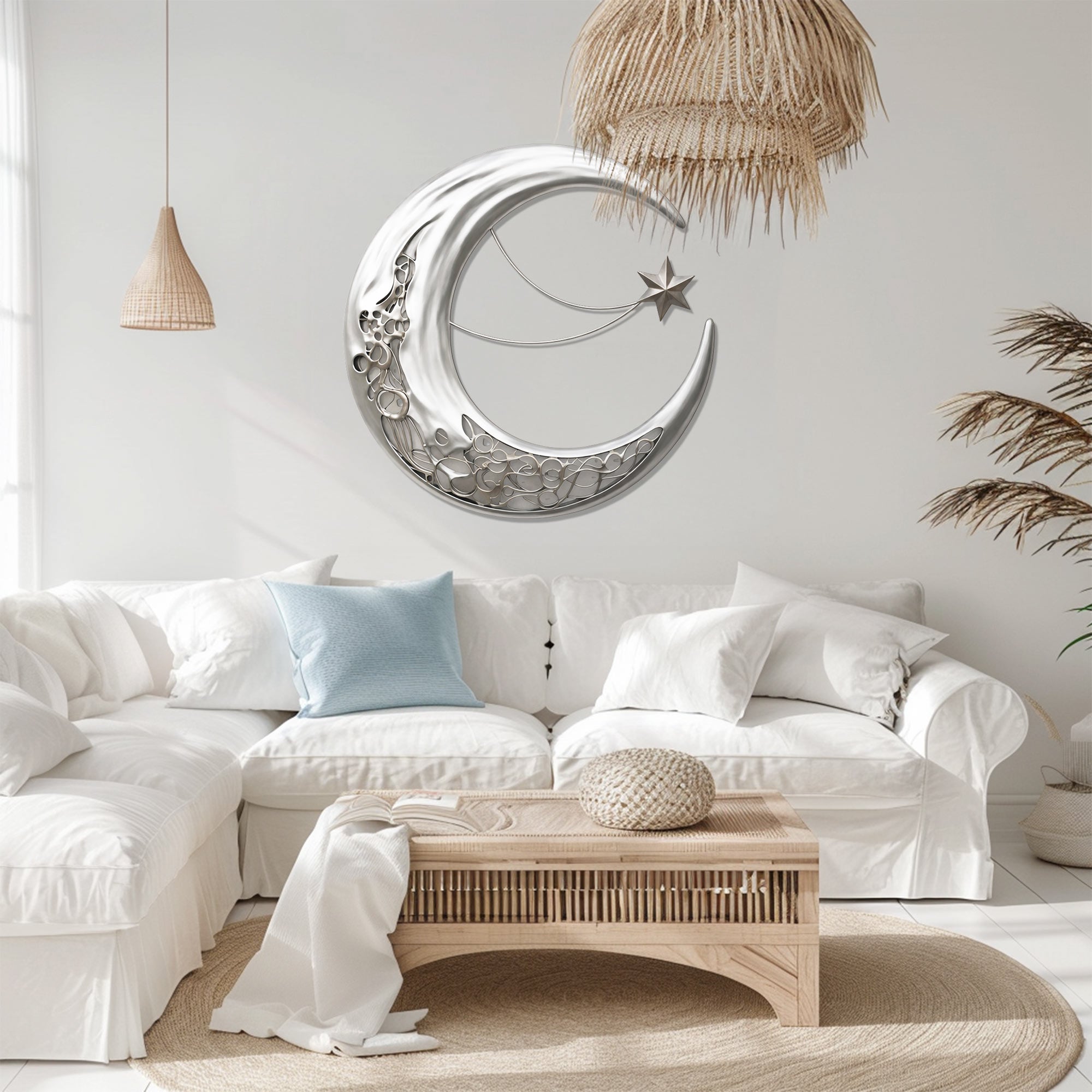Silver Crescent Moon Wall Art – Modern Celestial UV Printed Metal Decor for Living Room &amp; Bedroom