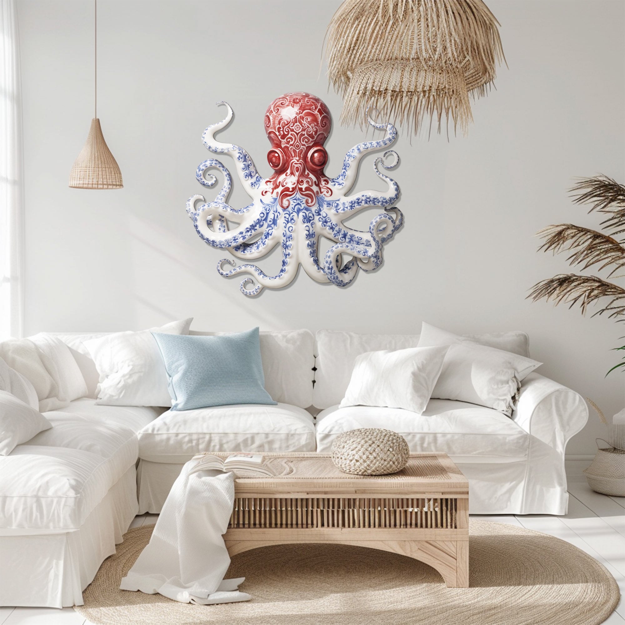 Red Blue Chinoiserie Octopus – Elegant Porcelain Style Metal Wall Art Decor for Home &amp; Outdoor