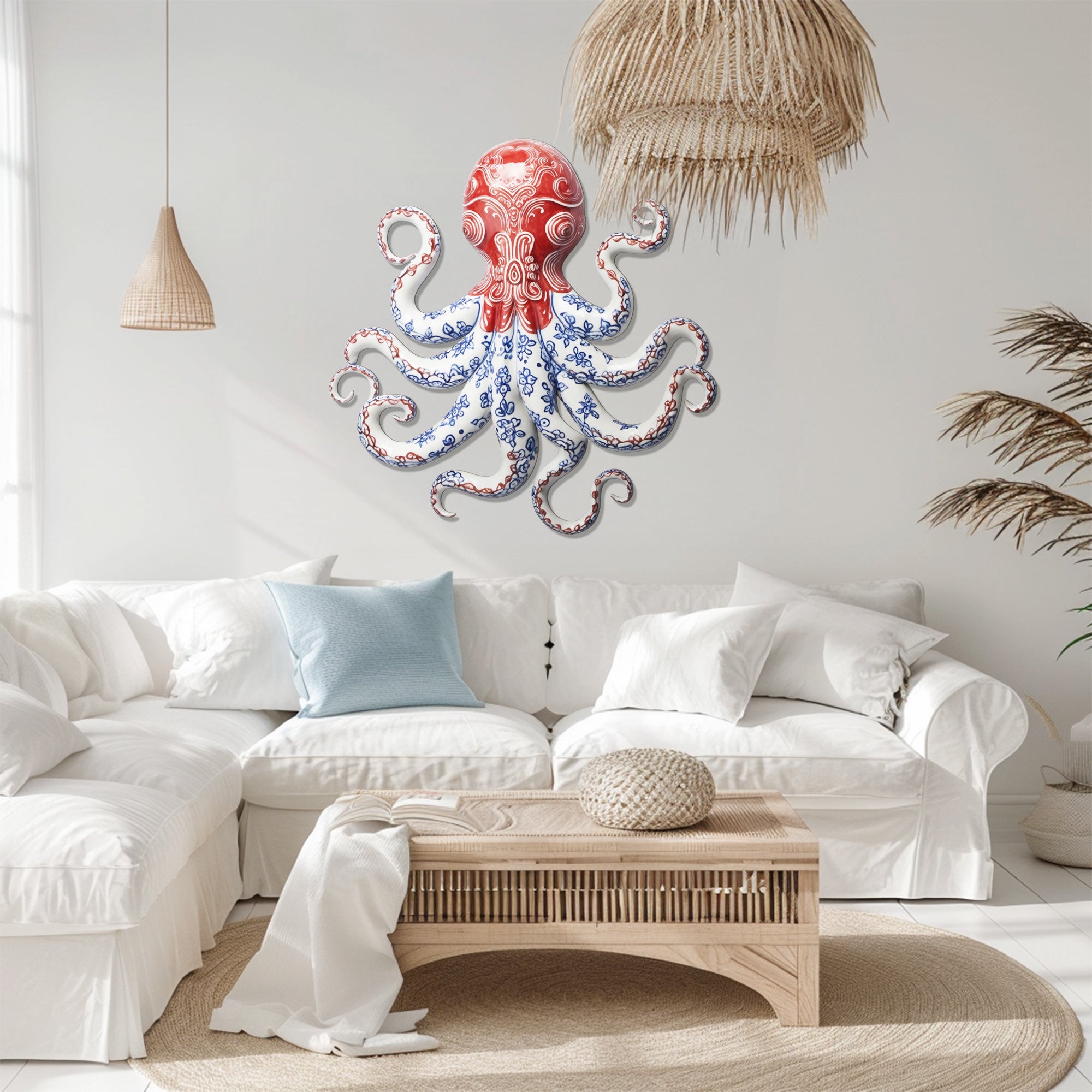 Red Chinoiserie Octopus – Elegant Blue &amp; White Porcelain Style Metal Wall Art Decor