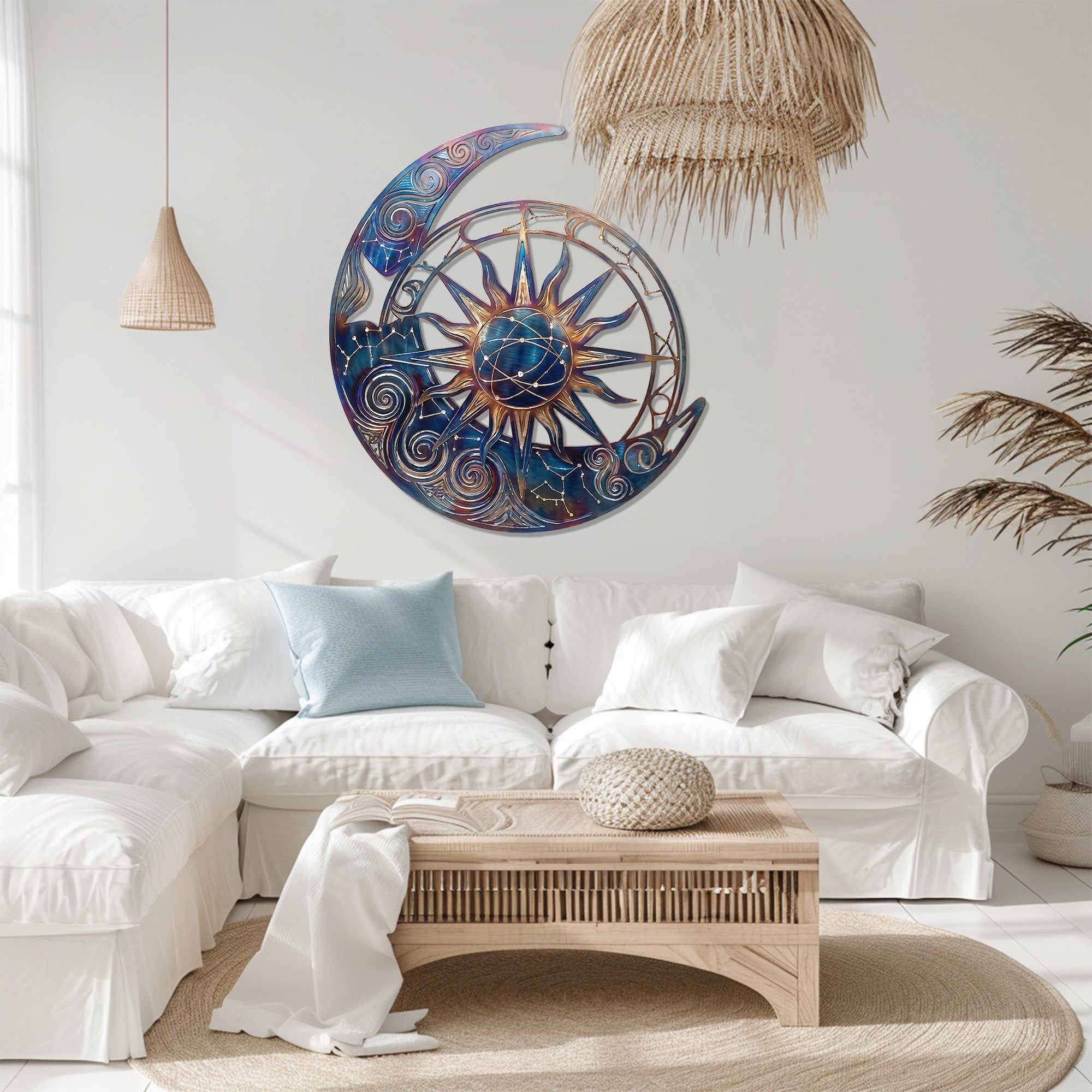 Sun Moon Metal Wall Art – Boho UV Printed Aluminum Wall Decor for Indoor Outdoor Space