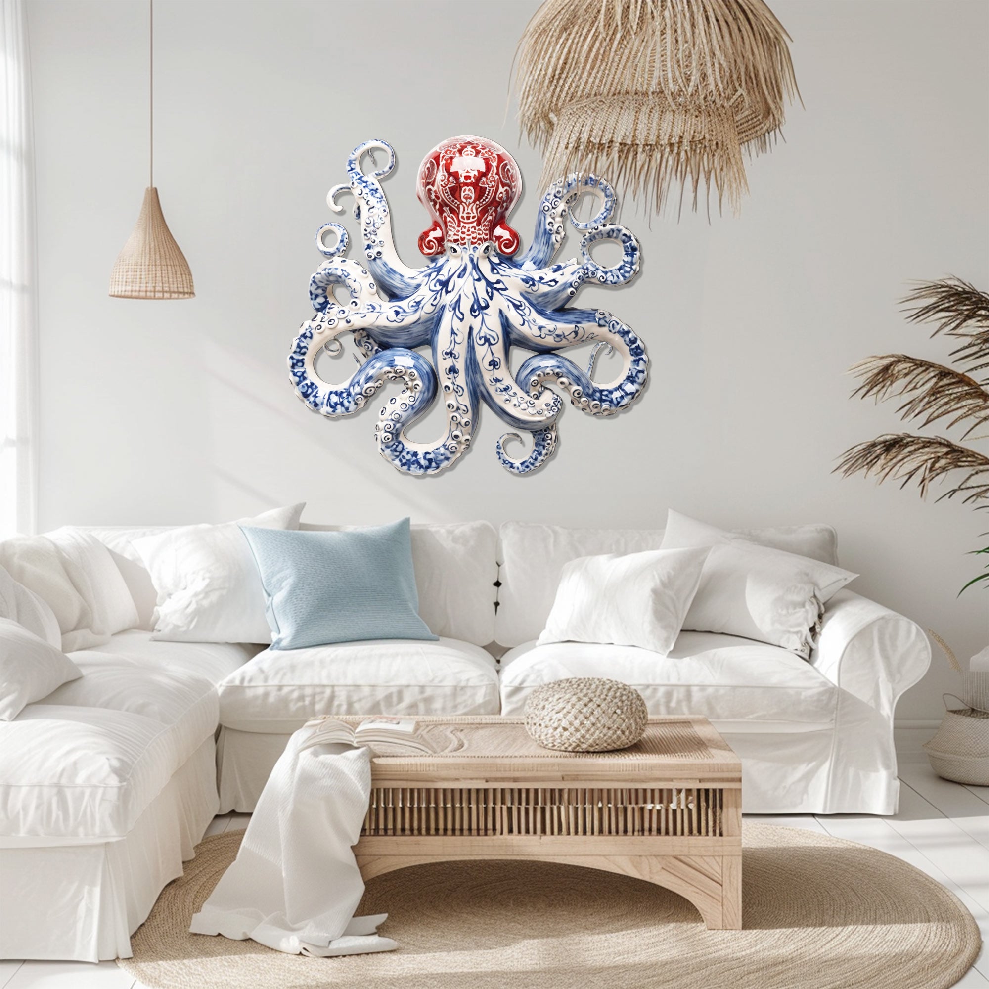 Blue Red Chinoiserie Octopus – Elegant Porcelain Style Metal Wall Art Decor for Home &amp; Outdoor
