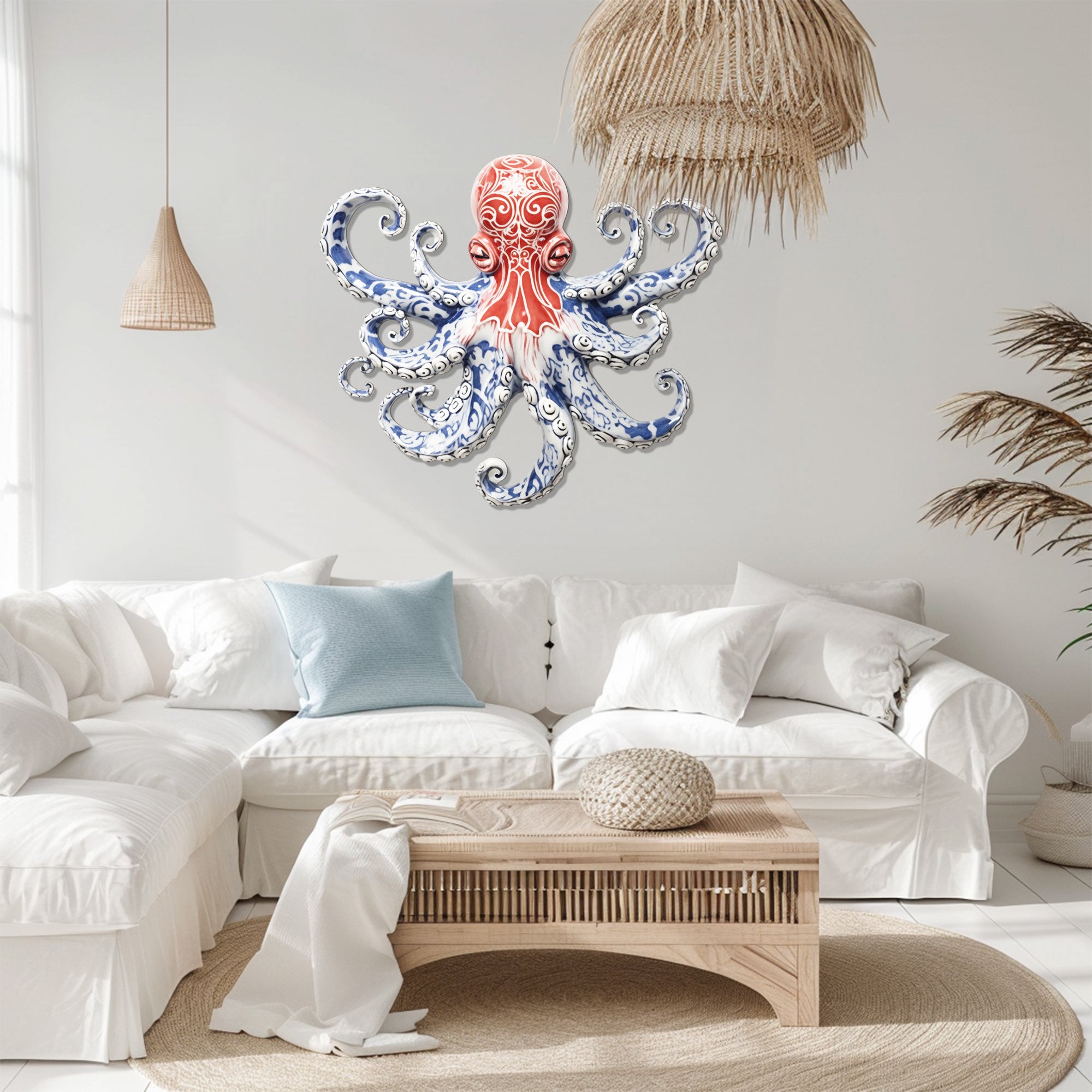 Red Blue Chinoiserie Octopus – Elegant Porcelain Style Metal Wall Art Decor for Home &amp; Outdoor