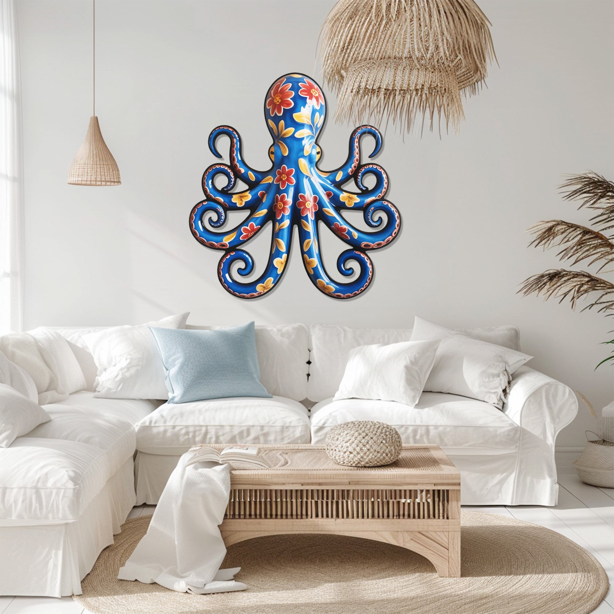 Floral Blue Octopus – Vibrant Mexican Talavera Style Metal Wall Art Decor for Home &amp; Outdoor