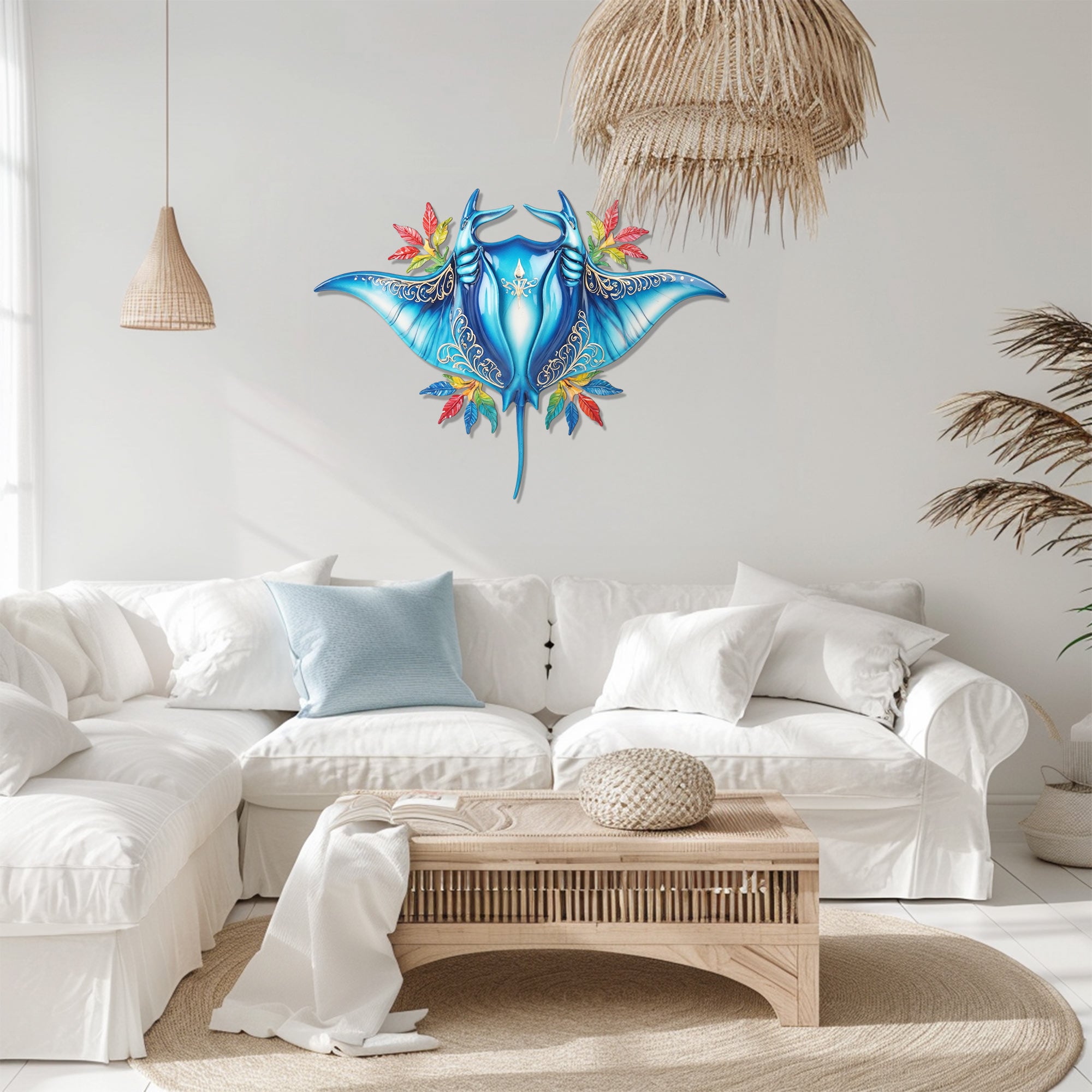 Blue Tropical Stingray – Vibrant Fantasy Style Metal Wall Art Decor for Home &amp; Outdoor